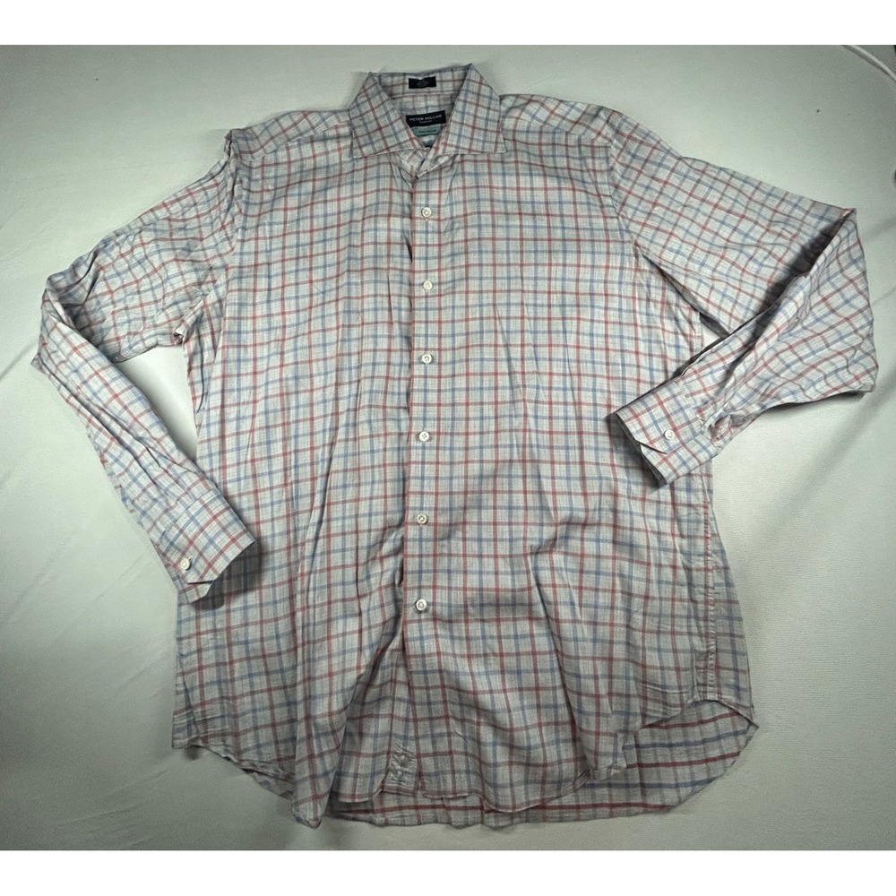 Peter Millar Mens Large Summer Soft Twill Plaid Button Down Shirt Blue - Picture 1 of 5